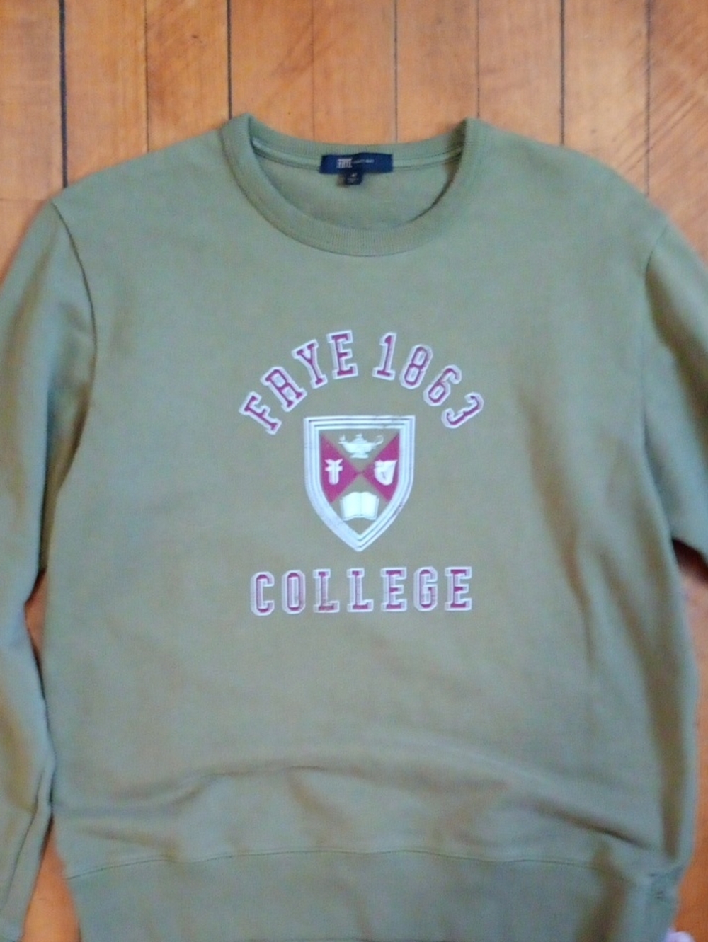 Frye Olive Green Crewneck Sweater with College Crest
